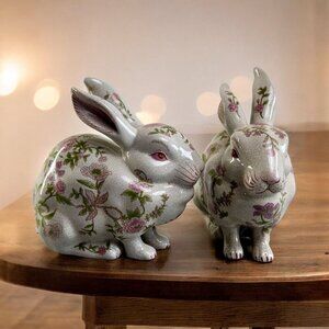 Floral Ceramic Bunny Figurines Set - Decorative Rabbits For Home Decor